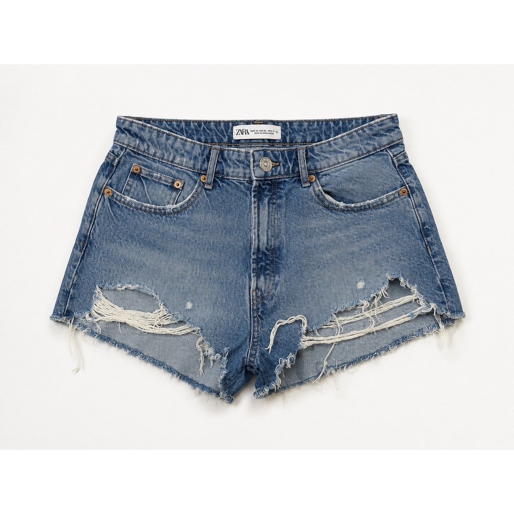 Zara Distressed High Waisted Denim Shorts Medium Wash Raw Hem Size 10